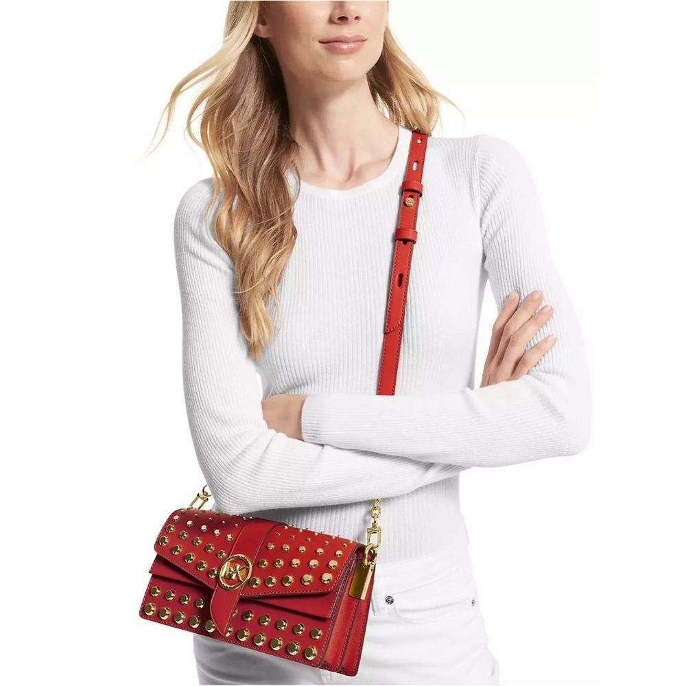 Michael Kors Studded Leather Convertible Shoulder Bag, Red NWT - Picture 3 of 9